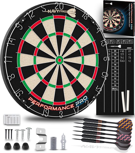 Navy Strikes Performance Pro Dartbord Set - Incl 6 Dartpijlen 23 gram en Scorebord - A Klasse Sisal - Toernooi Afmeting - Flights Darts en Dart Shafts van N/A