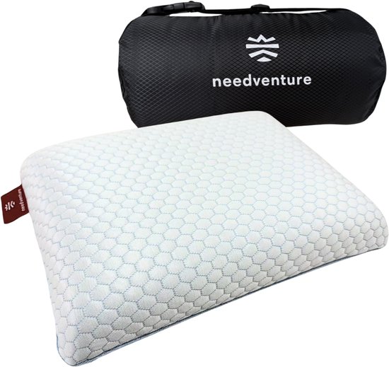 needventure® Reiskussen Cool & Comfort - Kampeerkussen - Opvouwbaar Nekkussen - Traagschuim Kussen - Mini Hoofdkussen - Memory Foam - Geschikt voor Auto en Vliegtuig - Voorkom Nekklachten van NEEDVENTURE®