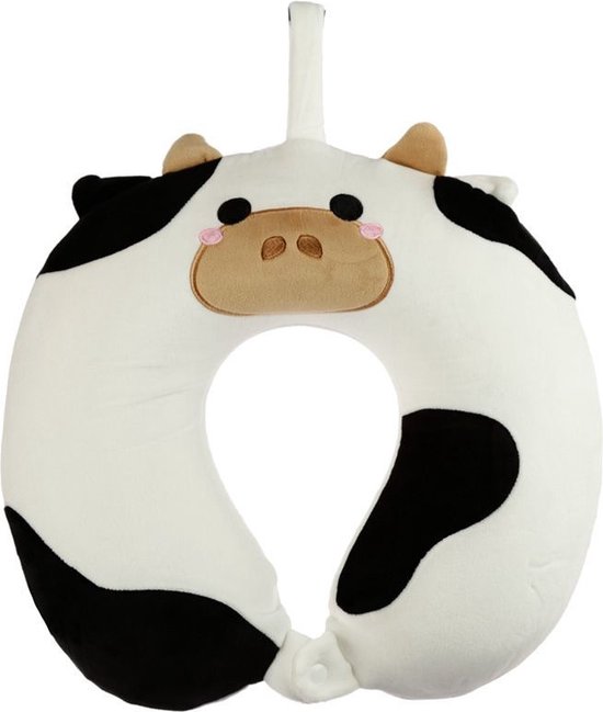 Nekkussen met ophanglus voor kinderen - koe - zwart/wit - polyester - reiskussen voor onderweg van Teamkussens.nl