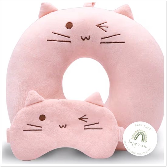 Nekkussen - Reisset - Nekkussen kat - oogmasker - Reis kussen set - roze - reiskussen