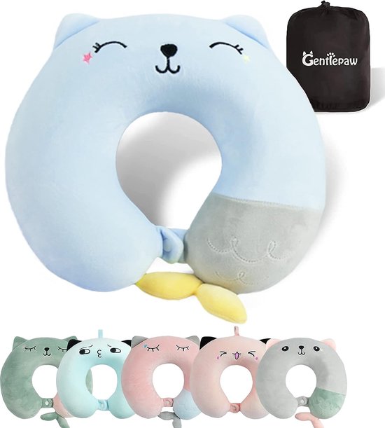 Nekkussen voor kinderen, voor reizen in het vliegtuig, auto, trein, traagschuim, reiskussen voor volwassenen, U-vormig kussen met schattig diermotief, afneembare hoes (blauw) van $