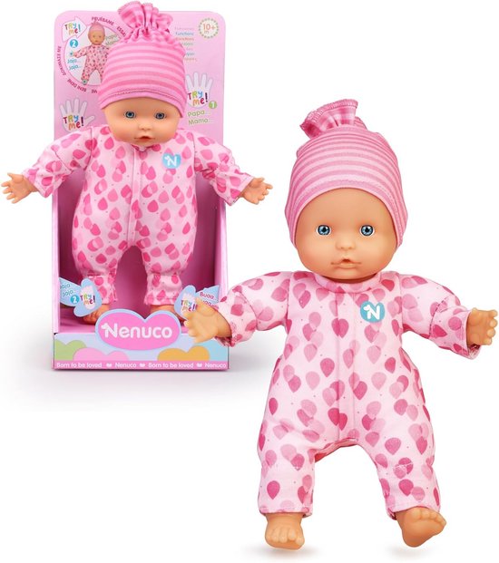 NENUCO Soft doll with 3 functions, makes baby sounds when pressing hands and feet, fingers can be inserted into the mouth, toys for children from 10 months, famous (NFNA9000)