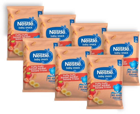 Nestlé Baby Snack Puffy Puffs Banaan Aardbei - Babyvoeding Tussendoortjes 7m+ - 7 zakjes x 28g van Nestlé