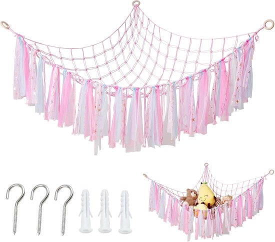 Net voor het opbergen van knuffels - Organizer voor knuffels, roze boho-decoratie voor meisjeskamers