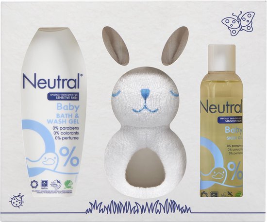 Neutral Cadeaupakket 3-delig - Huidolie. Bad- en Wasgel en Jollein Rammelaar Cadeaupakket van Neutral