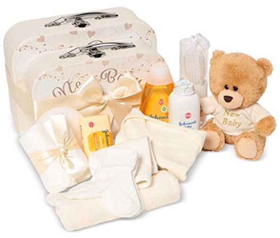 Neutrale Babygeschenkset met Babyproducten in Crèmekleurige Dozen van Merkloos