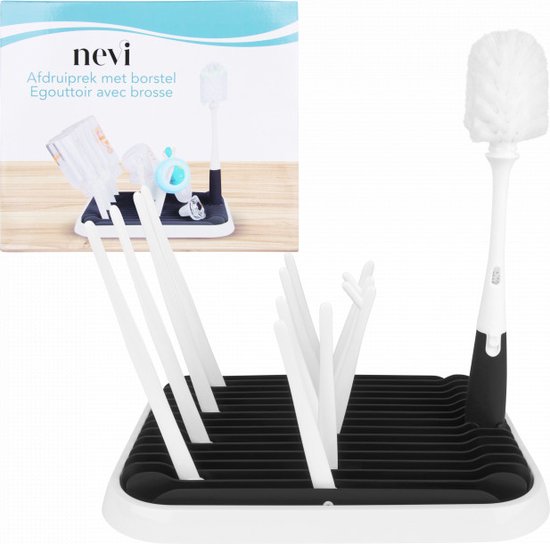 Nevi Afdruiprek met flessenborstel - Afdruipmat voor 10 Flessen - Flessendrager - Opvouwbaar - Zwart van Nevi