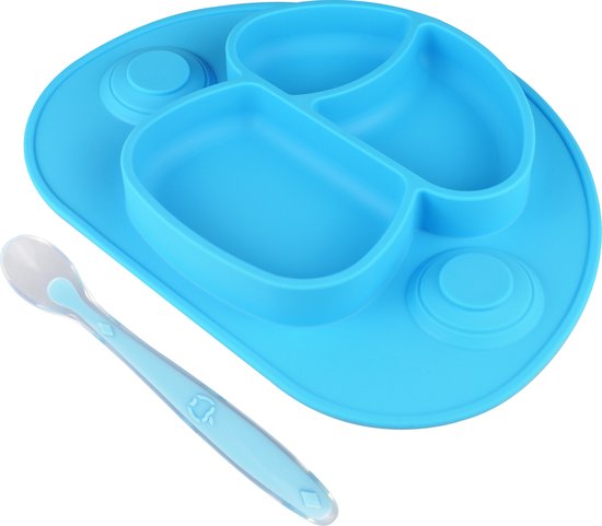 Nevi Kunststof Placemats - Kinderbestek Kinderservies Baby servies- Kinderbord - Placemat kinderen - Bord met zuignappen Blauw van Nevi