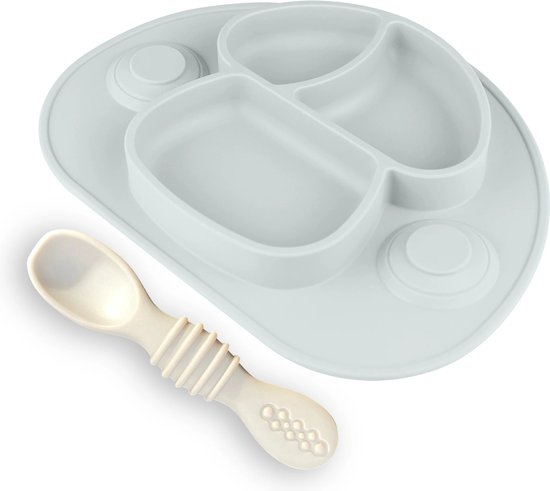 Nevi Kunststof Placemats - Kinderbestek Kinderservies Baby servies- Kinderbord - Placemat kinderen - Bord met zuignappen Grijs van Nevi