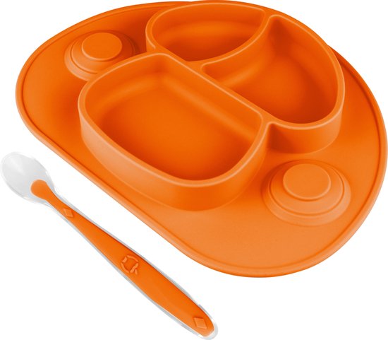 Nevi Kunststof Placemats - Kinderbestek Kinderservies Baby servies- Kinderbord - Placemat kinderen - Bord met zuignappen Oranje van Nevi