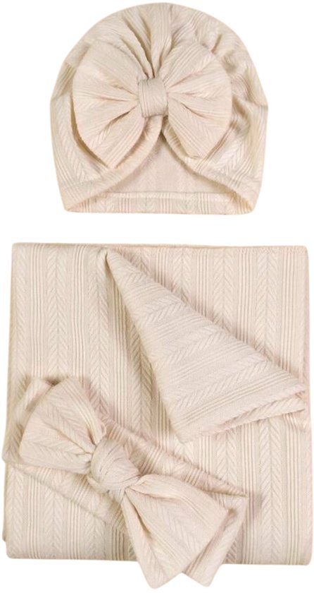 Newborn set wikkeldeken met muts/haarband voor baby's meisje 1-6 maanden | beige/crème | 3-delig set | hoofdband met strik | wikkeldekens voor alle seizoenen | kraamcadeau | Babygeschenkset | dekens voor kinderwagen,wiegje,ledikant,box van Merkloos