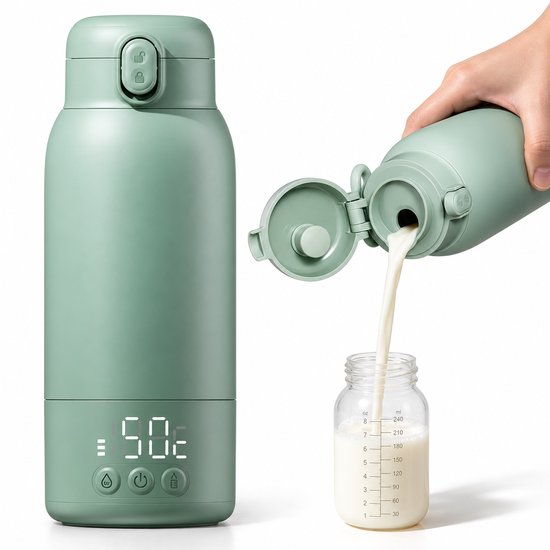 Nexeli NX-MW-03 Draagbare Flessenwarmer – 500ml – 100W – 10.400 mAh – 45W Snelladen – Draadloos – Melkverwarmer voor Baby – Gradient Green