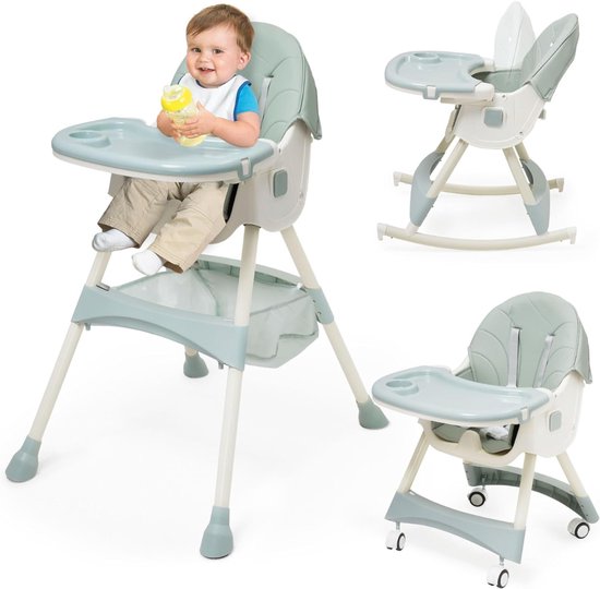 Nexvo® Kinder Eetstoel – 3-in-1 Babystoel Voor Aan Tafel Met Dienblad - Baby Stoel Voor Eten Met Wieltjes - Meegroei Kinderstoel - Groen - 94cm x 75cm x 60cm