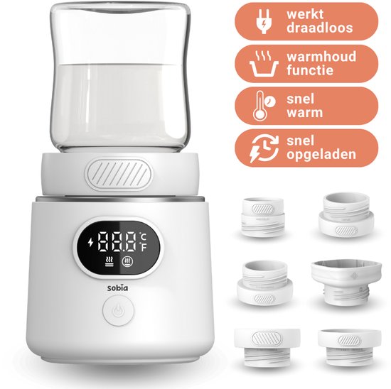 NIEUW! Sobia® Draagbare Flessenwarmer - Oplaadbaar - Flessenwarmer Onderweg - 6 Adapters en 4 standen - USB-C van Sobia®