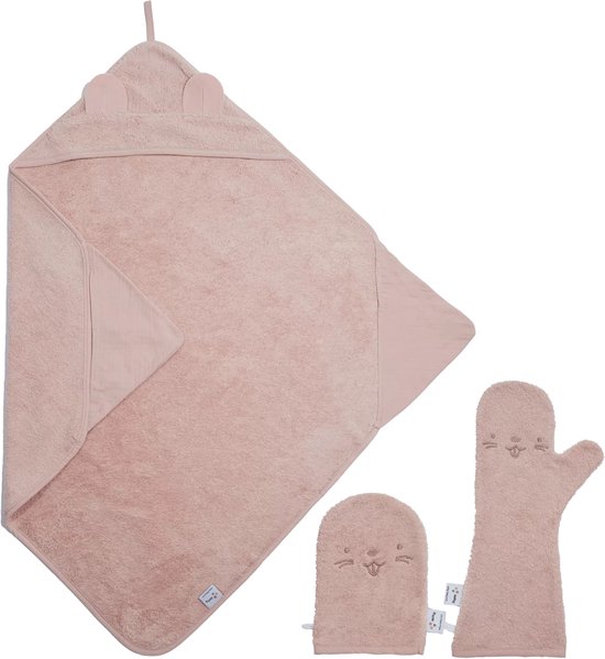 Nifty - Baby Shower Glove met 2-in-1 Badcape en Washandje - Baby Washandje - Lange washand - Badcape 100x100 - Washandje Baby - Biologisch Katoen – Blush van Nifty