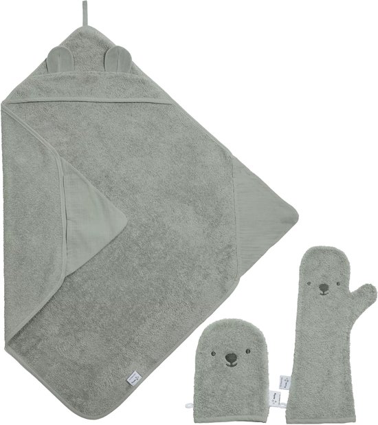 Nifty - Baby Shower Glove met 2-in-1 Badcape en Washandje - Baby Washandje - Lange washand - Badcape 100x100 - Washandje Baby - Biologisch Katoen – Olive van Nifty