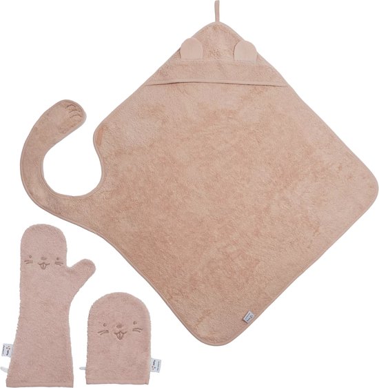 Nifty - Baby Shower Glove met Handsfree Badcape en Washandje - Baby Washandje - Lange washand - Badcape 100x100 - Washandje Baby - Biologisch Katoen – Blush van Nifty