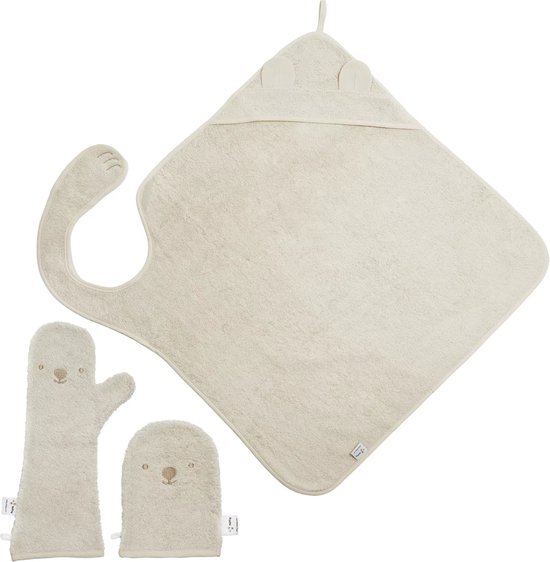 Nifty - Baby Shower Glove met Handsfree Badcape en Washandje - Baby Washandje - Lange washand - Badcape 100x100 - Washandje Baby - Biologisch Katoen – Vanille van Nifty
