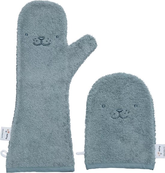 Nifty - The Original Baby Shower Glove met washandje – baby douche handschoen voor beter grip op je baby bij het douchen - Lange washand met washandje - kraamcadeau - Blueberry Combi-deal van Merkloos