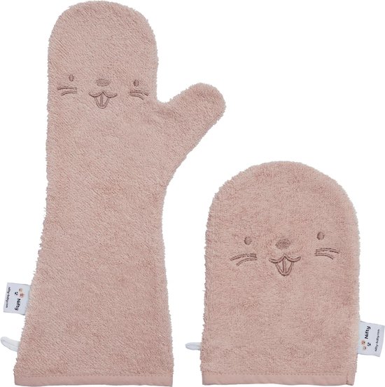 Nifty - The Original Baby Shower Glove met washandje – baby douche handschoen voor beter grip op je baby bij het douchen - Lange washand met washandje - kraamcadeau - Blush Combi-deal