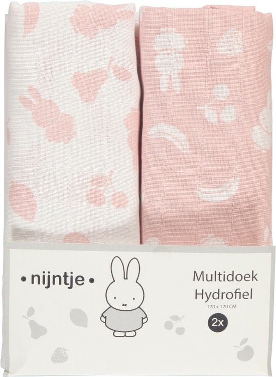 Nijntje Multidoek Hydrofiel XL Fruit - Swaddle - Inbakerdoek - 120x120 - Roze van Nijntje