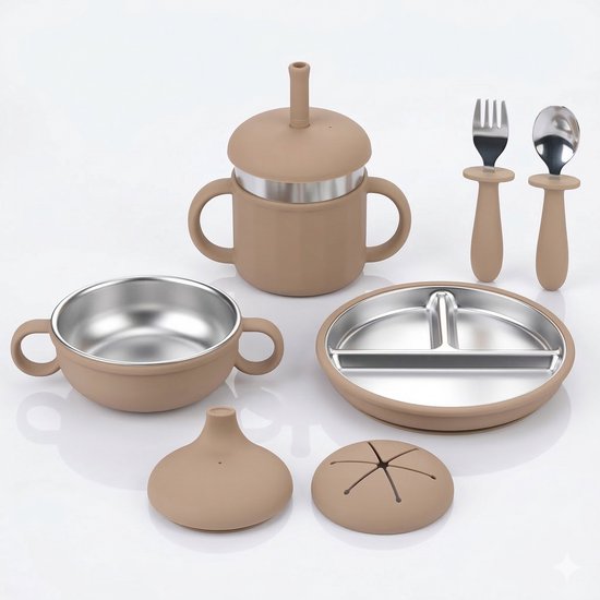 NilaFee® Kinderservies Robin Caramel – Baby Eetset – Siliconen & RVS – Vakjesbord – Kom – Drinkbeker met Rietje – Bestek – Kinderservies – Peuter & Baby 6m+