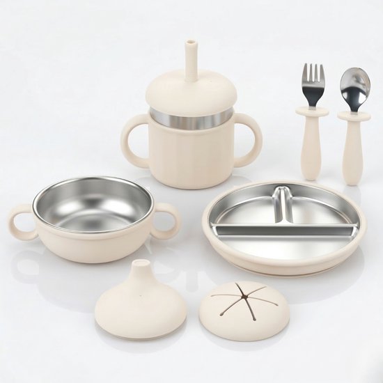 NilaFee® Kinderservies Robin Milky – Baby Eetset – Siliconen & RVS – Vakjesbord – Kom – Drinkbeker met Rietje – Bestek – Kinderservies – Peuter & Baby 6m+ van Merkloos