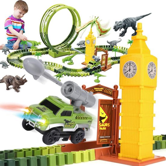 Nince Dinosaurus Speelgoed Autoracebaan - Flexibele Racebaan Speelgoed Auto - 10 Dinosaurus Figuren van Nince