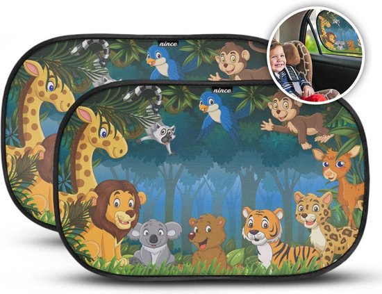 Nince Zonnescherm Auto Zijruit - Set van 2 - 51x31 cm - Extra Donker Zonnescherm Auto Baby - Met UV Protectie voor Kind & Baby - Zelfklevende Zonwering Auto - Jungle– Autoaccessoires