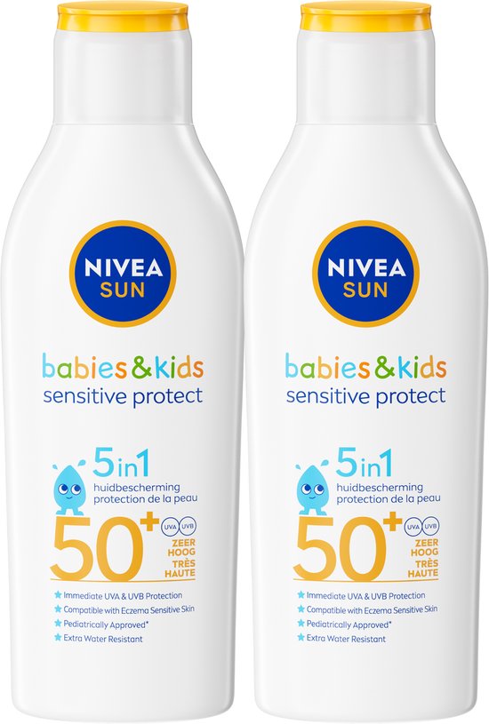 NIVEA SUN Babies & Kids Sensitive Protect Zonnebrand Melk - Baby en Kind - SPF 50+ - Parfumvrij - Geschikt voor de huid met eczeem - Zonbescherming - Duo Pack- 2x 200 ml van Merkloos