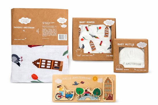 Noox City Kids Kraamcadeau Set Amsterdam – Swaddle XL + Romper 3-6 mnd + Babymuts + Houten Puzzel – 100% Katoen – Fairly Made – Baby Cadeauset van Merkloos