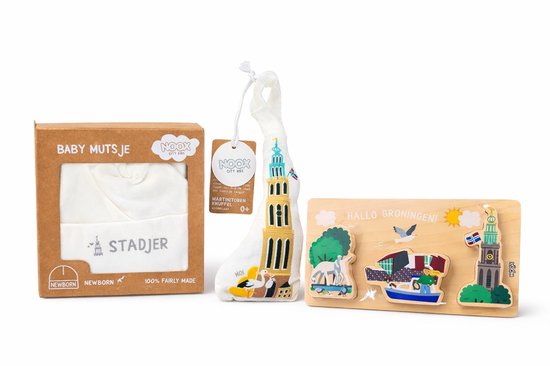 Noox City Kids Kraamcadeau Set Groningen – Babymuts + Martinitoren Knuffel + Houten Puzzel – 100% Katoen – Fairly Made – Baby Cadeauset van Merkloos