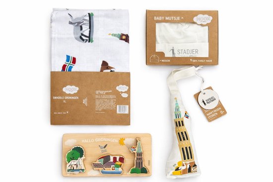 NOOX City Kids – Kraamcadeau Set Groningen – Swaddle XL + Baby Mutsje + Houten Puzzel + Knuffel – 100% katoen – Fairly made – 0+ maanden van Merkloos