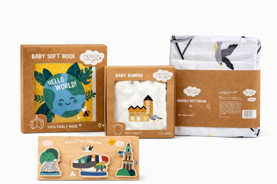 Noox City Kids Kraamcadeau Set Rotterdam – Babyboekje + Romper 3-6 mnd + Swaddle XL – 100% Katoen – Fairly Made – Baby Cadeauset van Merkloos