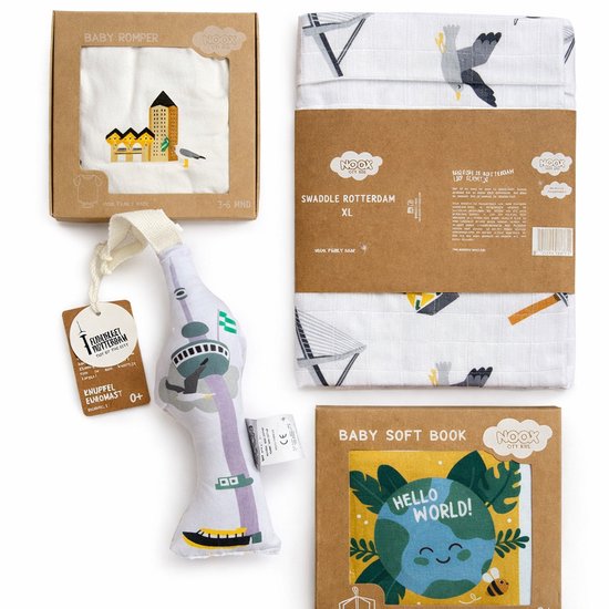 NOOX City Kids – Kraamcadeau Set Rotterdam – Romper + Swaddle XL + Soft Book + Knuffel – 100% katoen – Fairly made – 0-6 maanden van Merkloos