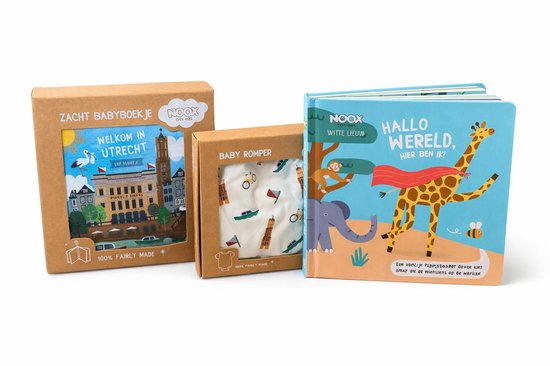 Noox City Kids Kraamcadeau Set Utrecht – Babyboekje + Romper + Kinderboek “Hallo Wereld” – 100% Katoen – Fairly Made – Baby Cadeauset van Merkloos