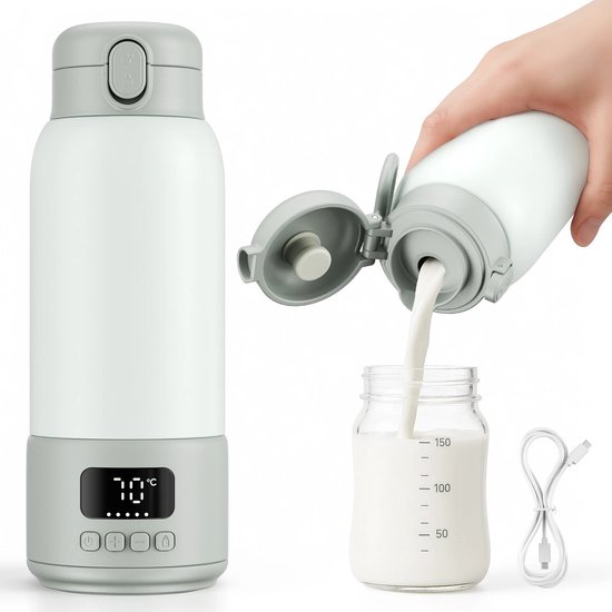 Novendo Goods – Draagbare baby melk & water verwarmer 500ml – 100W Snelle verwarming – 16000mAh draadloos – USB-C – Precisie temperatuur – BPA-vrij – Reizen & onderweg van Merkloos
