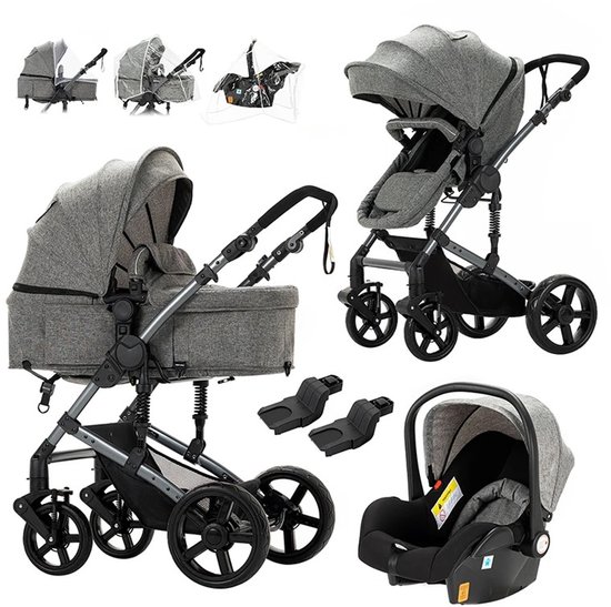 Novendo Goods - Kinderwagen 3 in 1 - Inclusief autostoel - Vierwielig - Volledig inklapbaar - Pasgeboren baby - 0-20 KG - Grijs