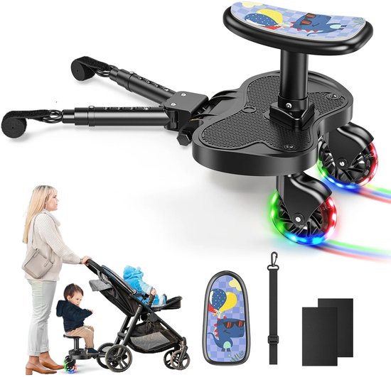 Novendo Goods - Universele buggyplank met zitje – Kiddy board tot 25 kg - 360° Draaibaar - Tweewielig ontwerp – Sta- en zitvoetplank voor kinderwagens, peuters en kleuters