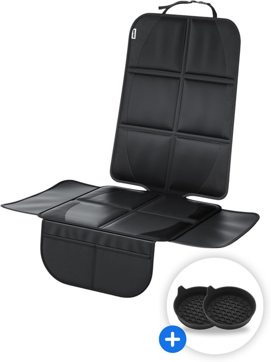 NOVOB® Autostoel Beschermer - Organizer voor Kinderen - Inclusief 2 Auto Onderzetters - Antislip Hoes - Isofix Geschikt - Met Zijflappen en Opbergvakken - Zwart van NOVOB