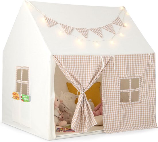NOVOB® Speelhuis, speeltent, kindertent - Inclusief zachte mat - Met verlichting, vlaggetjes & opbergvakken | Voor binnen van NOVOB