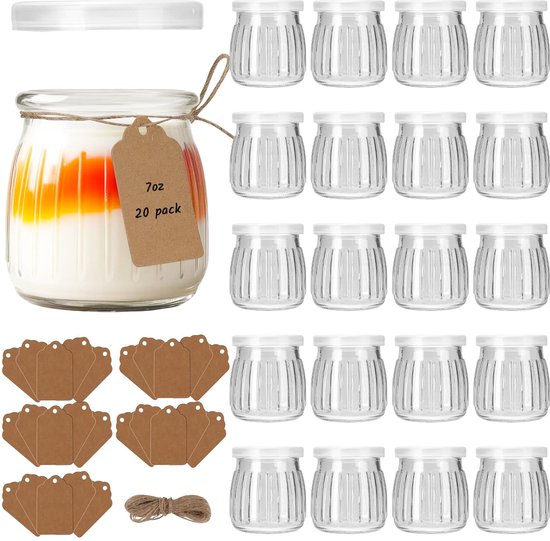 NTHProducts - 200ml yogurt glasses - dessert glazen - ideaal voor pudding en jam - 20 stuks - met etiketten en draad - multifunctioneel - voor huisgema...