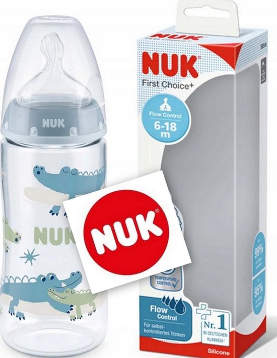 NUK babyfles | First Choice+ | blauw krokodil 360 ml | 6-18 m| speen maat : XL | 6+ m