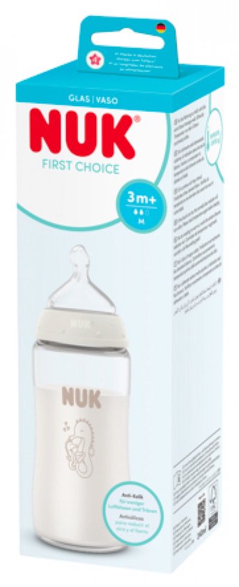 Nuk babyfles glas 240ml anti-koliek 3M+ zeepaardje temperatuurcontrole.