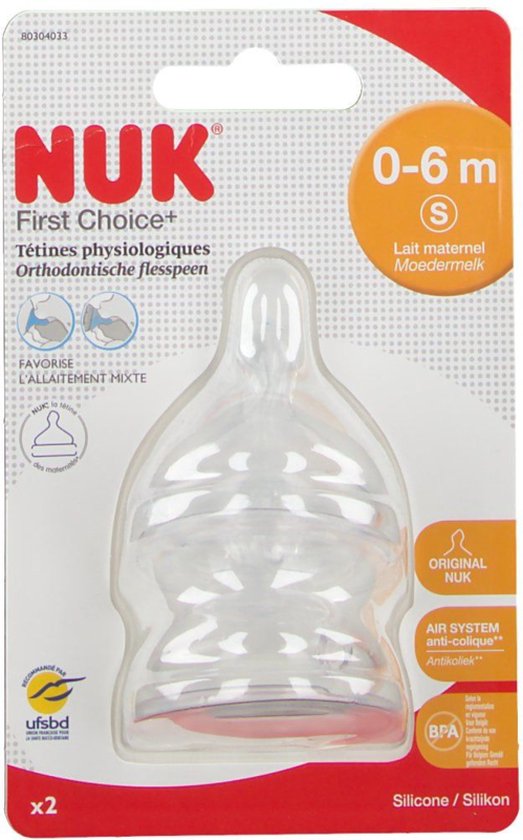 NUK | First Choice | Anti Colic flesspeen siliconen | Air System | 0-6 maanden |2 stuks M van Nuk