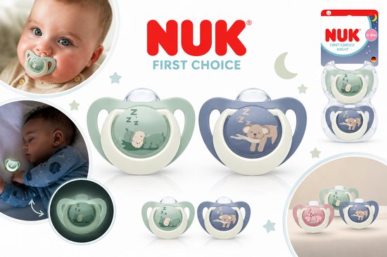 NUK First Choice Night Fopspenen 0-6 Maanden – 2 Stuks – Glow in the Dark – Orthodontische Siliconen Speentjes – Groen en Blauw