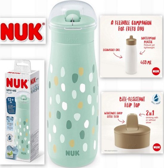 Nuk Mini-Me Flip Cup drinkfles - met bijtvaste drinktop 450 ml - stippen - mint- 12+ m van Nuk