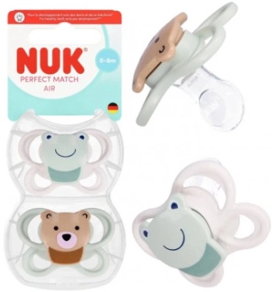 NUK Perfect Match Air Fopspeen 0–6 Maanden – Siliconen – AIR Ventilatiesysteem – 2 Stuks- kikker/teddybeer