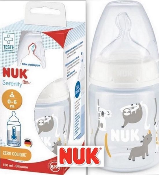 NUK Serenity+ | Babyfles | Wijde hals - Temperatuurregeling | 150 ml | 0-6 maanden | speen maat: M| 0-6 maanden van Nuk