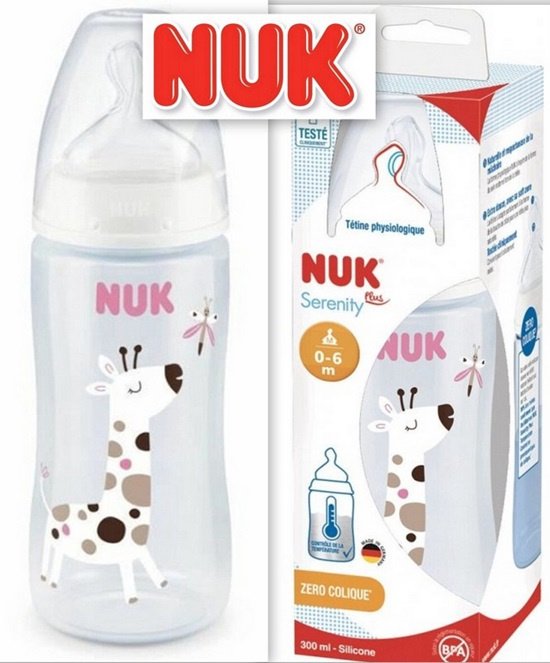 NUK Serenity plus | Giraffe | Fles | 0-6 maanden | 300 ml | speen maat: M | roze| 0-6 maanden
